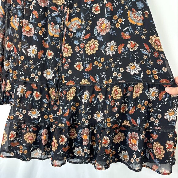 Forever 21 Black Floral Boho Babydoll Mini Dress Women’s‎ Large Tiered Skirt - Picture 9 of 16
